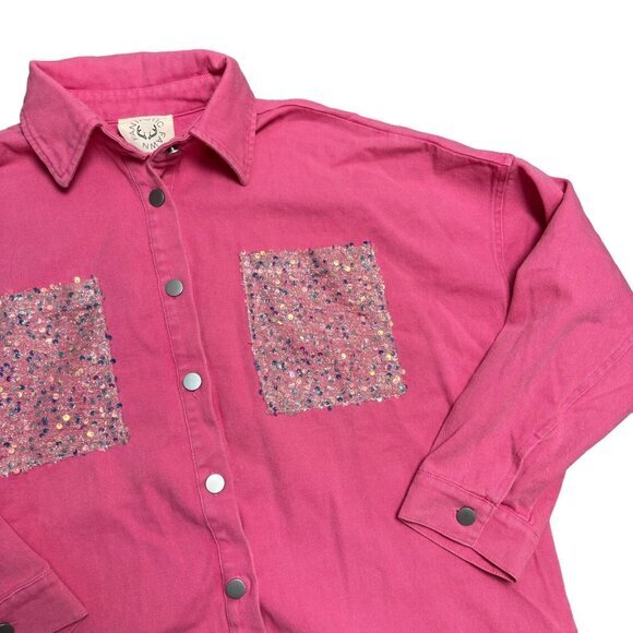 Fantastic Fawn Med Pink Denim Cowgirl Sequin Button Down‎ Raw Hem Barbie Jacket - Picture 3 of 12